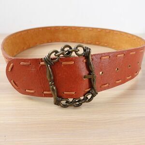 VINTAGE Chain Belt Buckle Womens Small‎ Brown Leather Solid Brass Boho Victorian